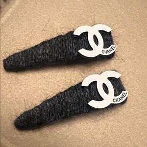 CHANEL grey and White Logo Hair Clips gray set of 2 new